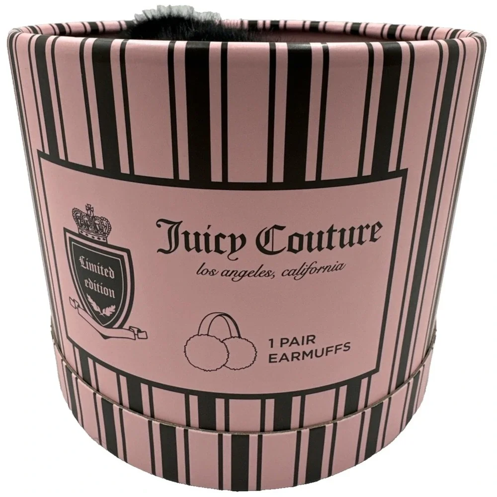 Juicy Couture Black Faux Fur Earmuffs Pink Striped Gift Box Y2K Winter NWT